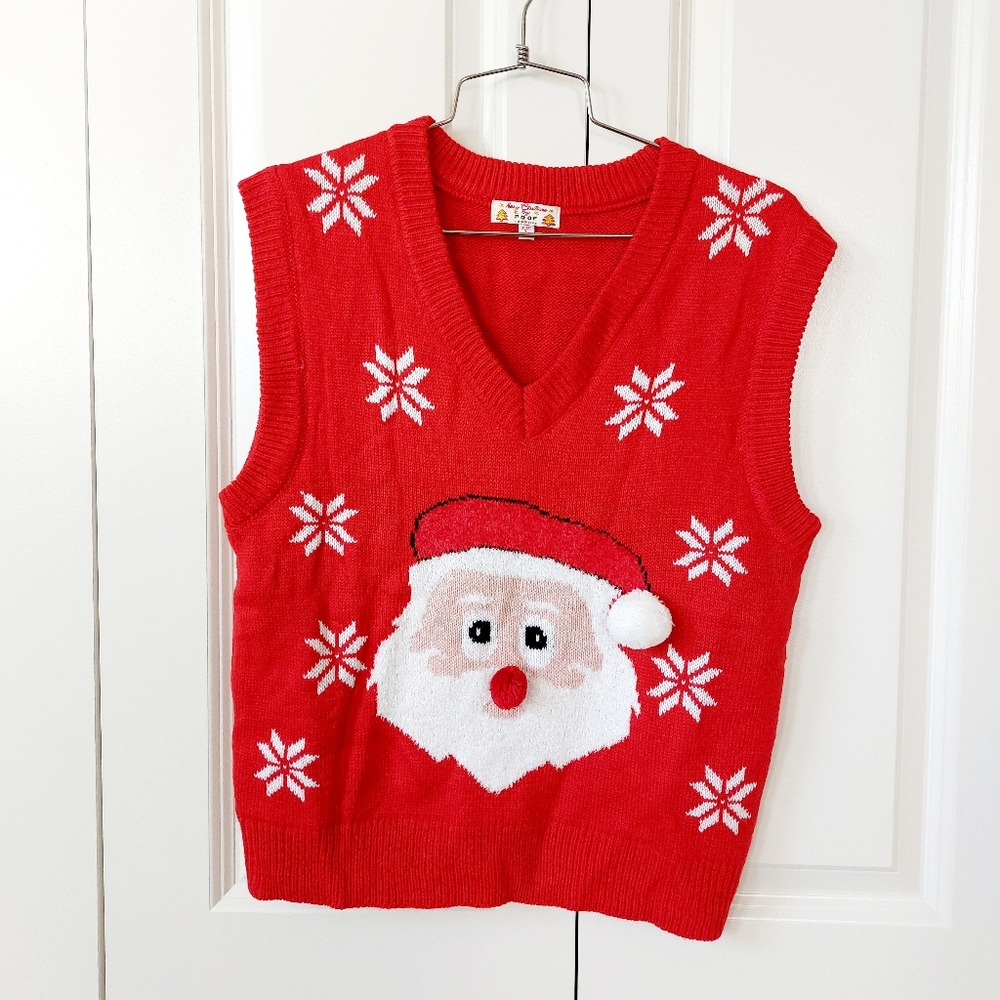 Red Santa Clause & Snowflakes Christmas‎ Sweater Vest Poof Large